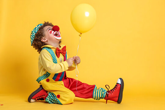 Naklejki Funny kid clown playing against yellow background