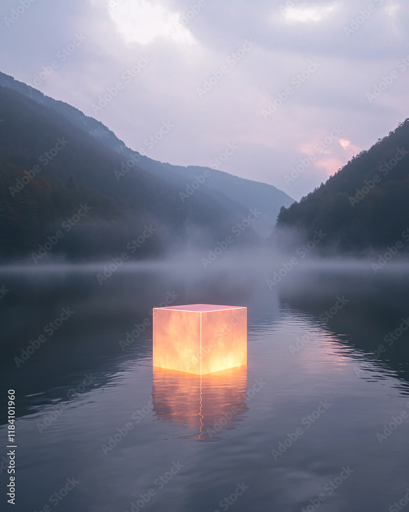 Poster glowing cube floating on a misty lake surrounded by serene mountains
