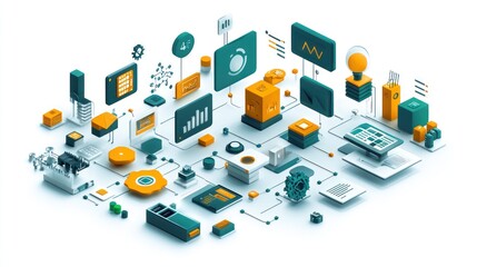 Obraz premium Data network, isometric illustration, digital, workflow, process, technology, innovation, background, white, business