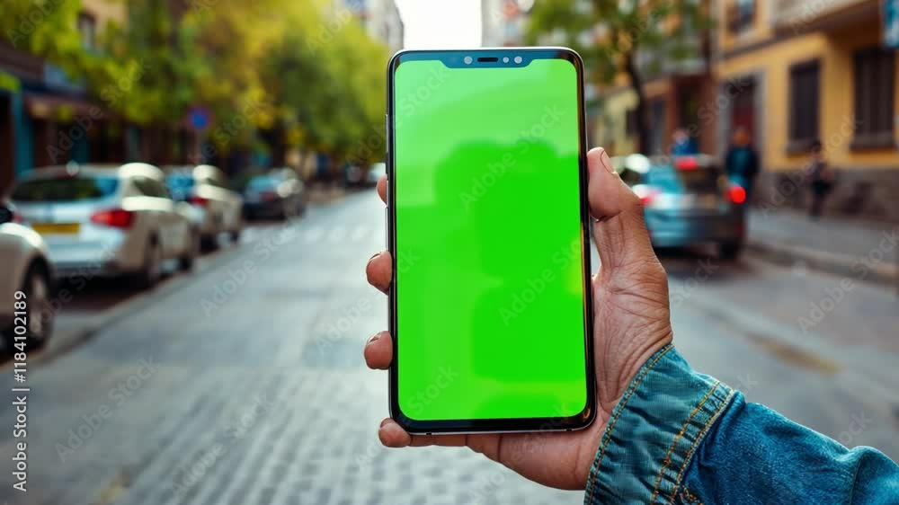 Poster a person grips a smartphone displaying a green chromakey screen in the middle of a bustling urban st
