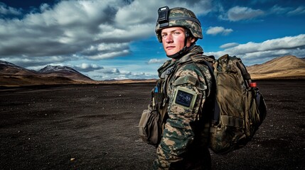Soldier in camouflage uniform and helmet stands in a rugged mountainous landscape.