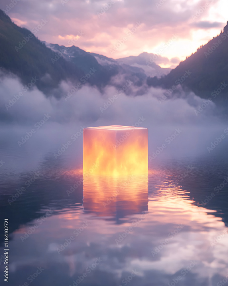 Poster illuminated glowing cube on a misty lake during a serene sunset