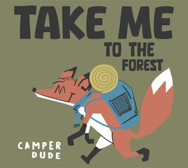 Vector cartoon camper fox illustration for t shirt prints 