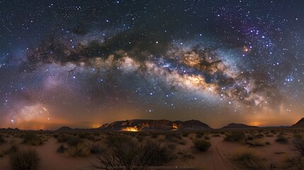 A panoramic view of the Milky Way over a desert landscape.
