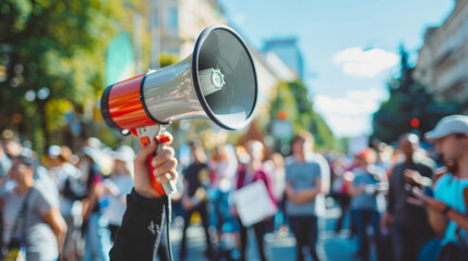 Crowd gathers for rally with speaker holding a megaphone on a sunny day in the city