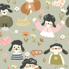 Sheeps and flowers, seamless pattern. Cartoon hand drawn sheeps and different flowers, kids pattern. Vector illustration for wrapping paper, fabric. card, for kids.