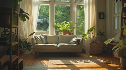 Obraz premium Bright Living Room with Sunlit Plants and Cozy Sofa Reflecting Positive Vibes