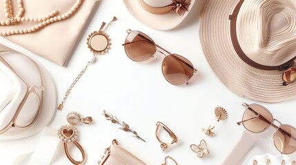 A flat lay of summer accessories on a white background.