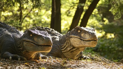 Tranquil Scene of Herbivorous Dinosaurs Resting in Shaded Grove with Soft Dappled Sunlight Filtering Through Leaves
