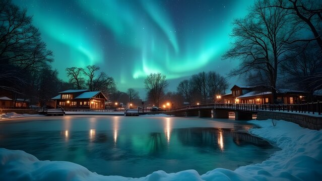 Enchanted Winter Night, Aurora Borealis over Ancaster Heritage Park, Ontario, Canada
