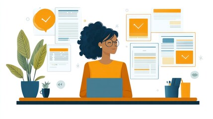 Woman reviews documents at desk, office background