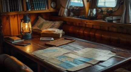 Cozy Nautical Workspace on a Ship with Maps and Lantern Enhancing Voyage Planning Ambiance
