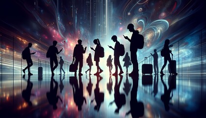 Silhouettes in a red-lit urban scene, using smartphones to create a digital, futuristic atmosphere.