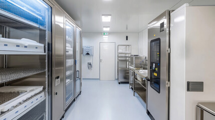 Clean, controlled environment with stainless steel storage appliances and workstations in a modern facility