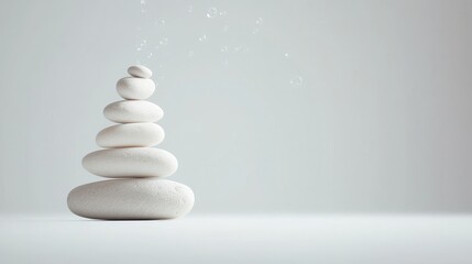 Obraz premium Stacked white stones with floating bubbles, symbolizing balance, purity, and tranquility in a spa setting.