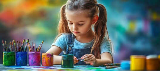 Focused young artist engrossed in her colorful world, surrounded by paint and brushes.