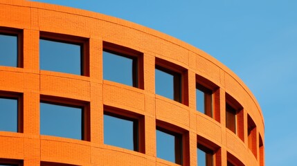 Abstract Orange Brick Building Facade with Windows against a Blue Sky