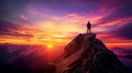 Fototapeta premium Silhouette of a Person Standing on Mountain Peak at Colorful Sunset for Self Development Inspiration