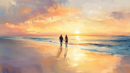 Two friends walking into sunset on a quiet beach