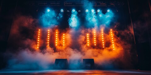 Yellow and white spotlights illuminating a stage floor in a dark room with dynamic lighting effects.