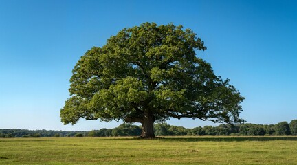 Obraz premium Majestic Oak Tree in Lush Green Field Under Clear Blue Sky