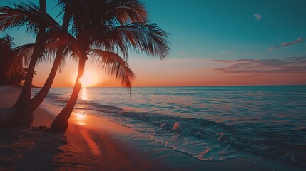 Silhouetted palm trees on a tropical beach with a sunset over the ocean.