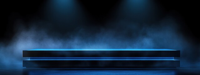 Smoky abstract background in a dark room designed for product presentations with blue lighting and mist