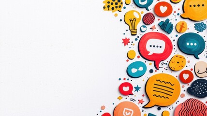 Obraz premium Colorful Speech Bubbles Ideas and Social Media Icons on White Background Creative Communication