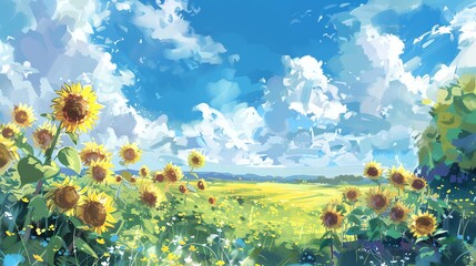 Fototapeta premium An illustration of a field of sunflowers on a bright, sunny day.