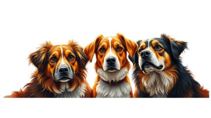 Three's Company: A trio of adorable Bernese Mountain Dogs, each with their own unique personality, gaze intently at the camera in this charming, photorealistic illustration.  