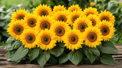 Fototapeta premium Sunflowers blooming outdoors on wood, garden background, summer