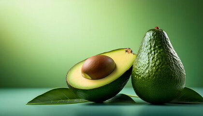 Background Avocado fresh avocado slice of avocado on a green background. Avocado. avocado slice. green banner. copy space. generative ai