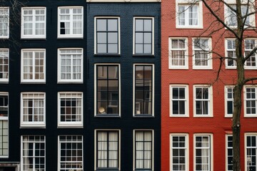 Obraz premium A row of buildings with a black and red one in the middle