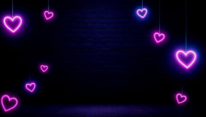 Neon Heart Lights on Dark Brick Wall