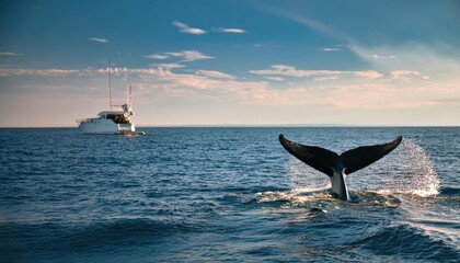 Fototapeta premium Whale tail breaches the ocean surface near a whale watching boat in sunny marine waters during a vibrant summer day