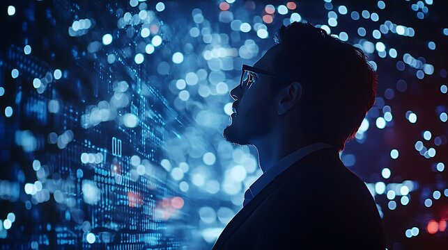 A businessman analyzing market trends on a holographic interface, highlighting the intersection technology and finance.