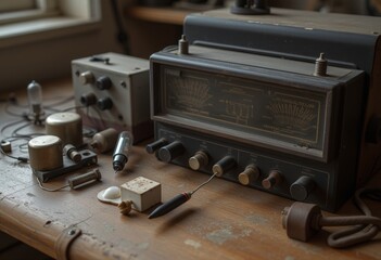 Fototapeta premium Vintage Electronics and Vacuum Tubes on a Wooden Table Showcasing Historical Technology