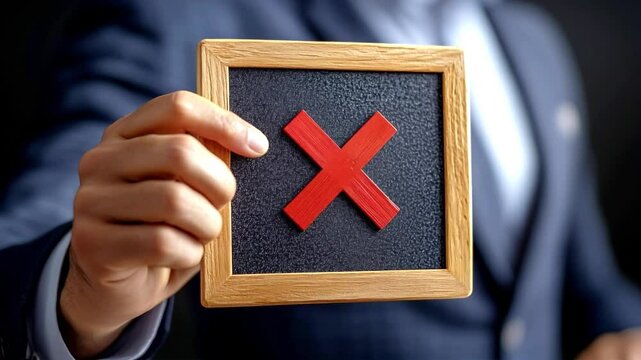Businessman holds red cross symbol in formal setting to illustrate rejection of ideas and concepts during a meeting in corporate office