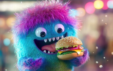 Fototapeta premium cute bright furry monster eat burger smiled and happy