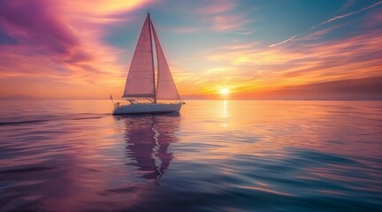 Fototapeta premium Serene Sailboat Journey at Sunset on Tranquil Ocean Waters