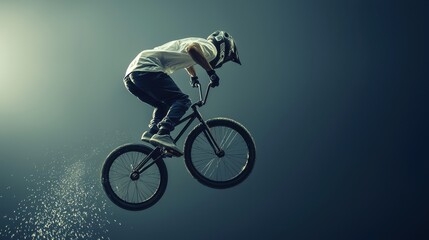 BMX Freestyle Rider Performing Backward Flip in Motion Against a Dark Background with Dynamic Effects
