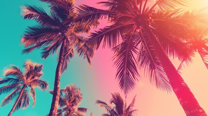 Fototapeta premium Palm trees against a colorful sunset sky.