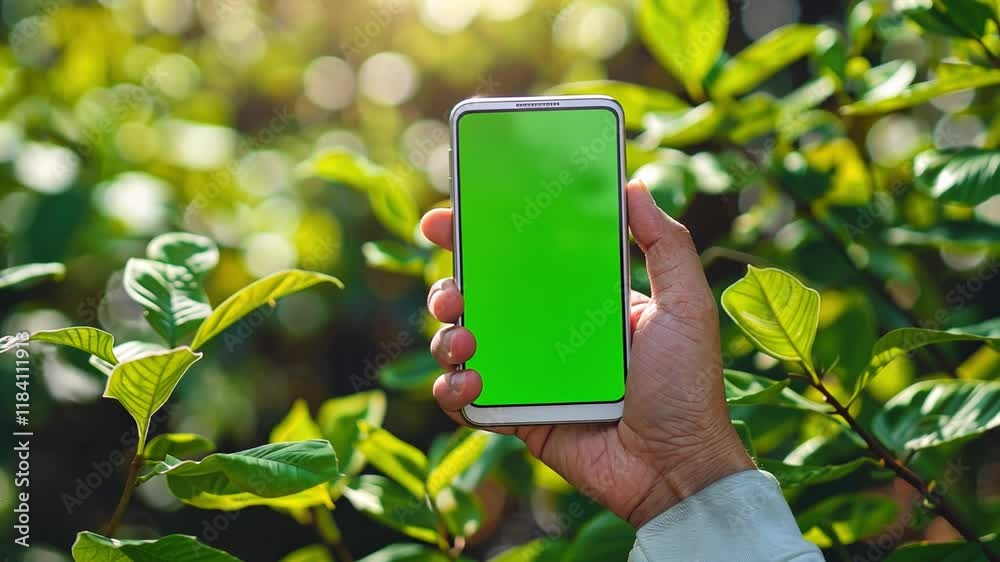 Poster a hand holds a smartphone featuring a bright green chromakey screen. the background is filled with l