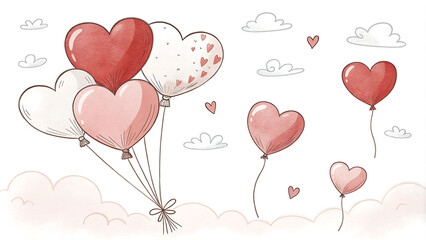 Whimsical hand drawn heart shaped balloons in soft pastel clouds.