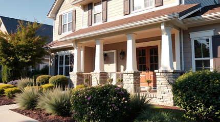 Two-story beige house with a covered porch featuring white columns, stone accents, and landscaping including bushes and ornamental grasses.  The house has brown shutters and a brown roof.