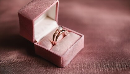 wedding rings on a pink velvet box. close up rings with diamonds for engagement