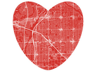 Heart-Shaped Map of Peoria  Arizona, USA in Bold Red and White Design.