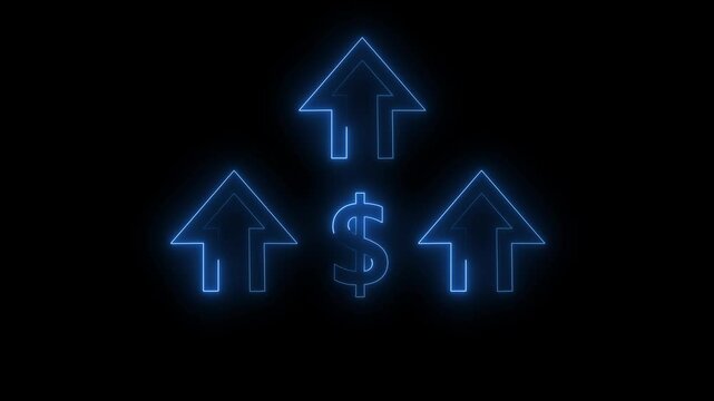 Glowing neon line of dollar sign icon and up arrow isolated blue color on black background. Quality control and company cost reduction. Successful organization strategy and management.