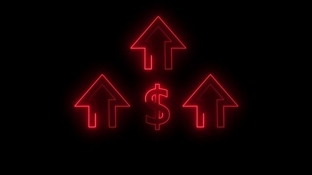 Glowing neon line of dollar sign icon and up arrow isolated red color on black background. Quality control and company cost reduction. Successful organization strategy and management.