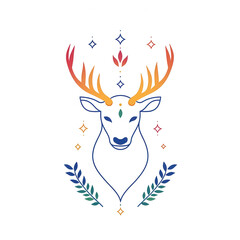 A colorful artistic illustration of a deer with vibrant antlers and decorative elements., isolated on a transparent background.